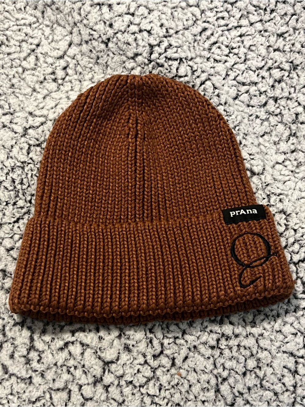 PrAna Brown Knit Cuffed Beanie with Embroidered Detail